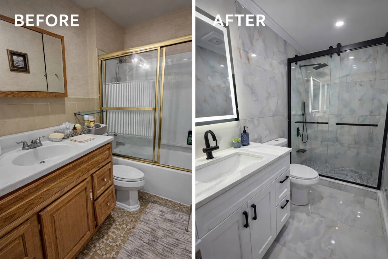 Bathroom vanity cabinet and countertop before and after in San Antonio