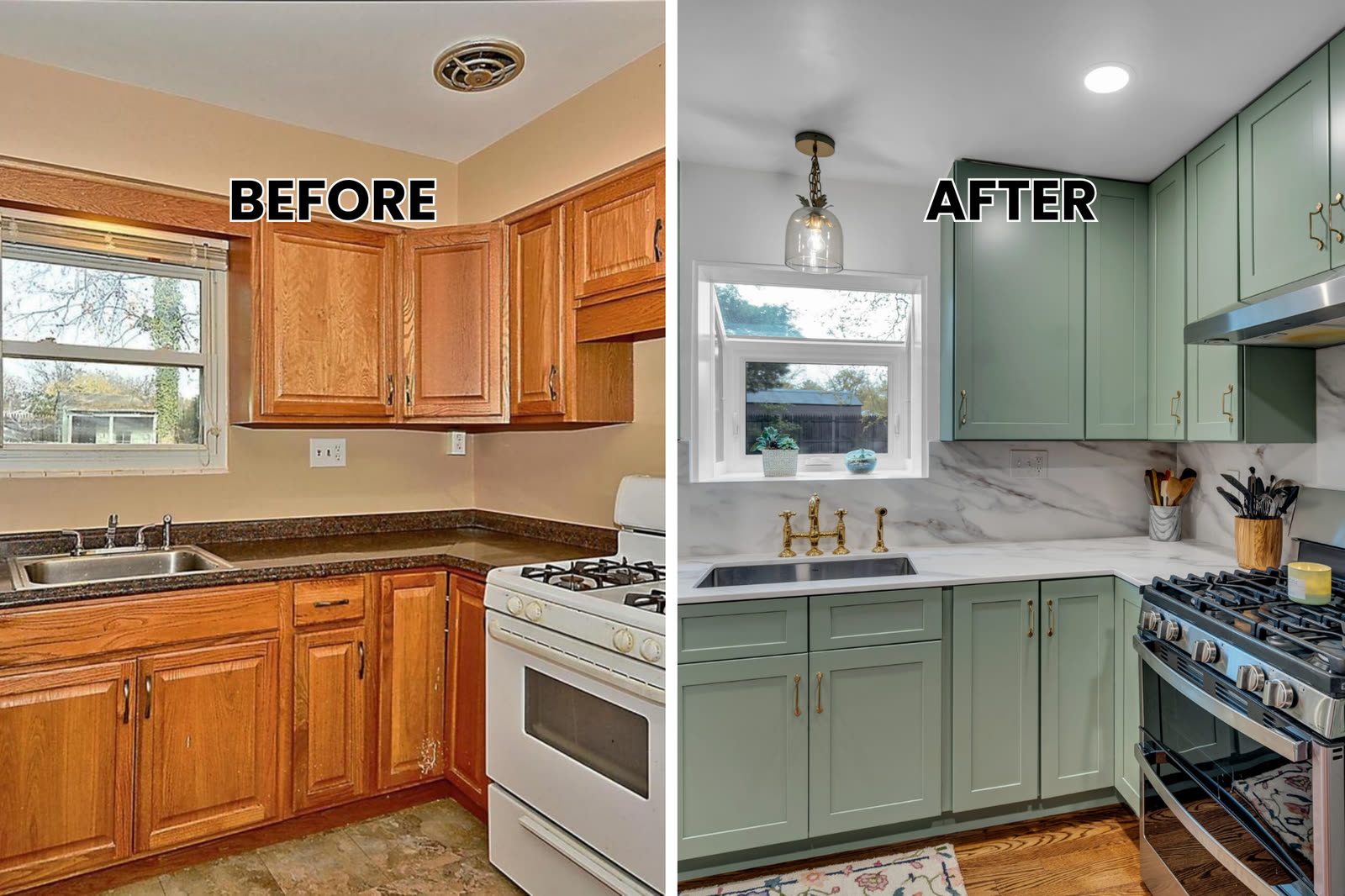 Sage green shaker kitchen cabinets before and after in a San Antonio home