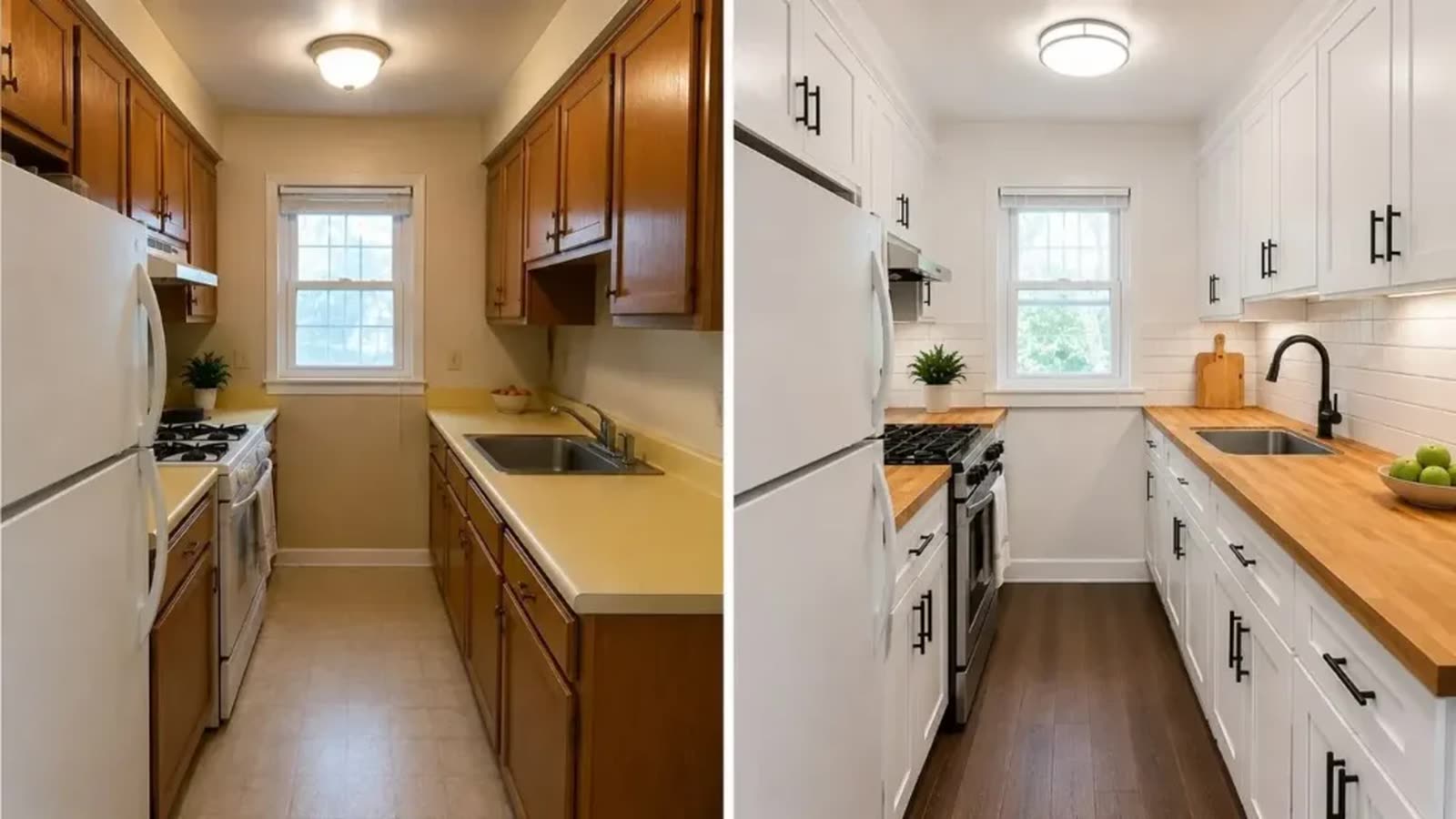 Small galley kitchen cabinets before and after in a San Antonio home