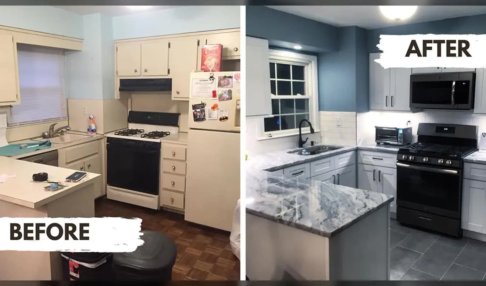 White shaker kitchen cabinets and quartz peninsula before and after in San Antonio