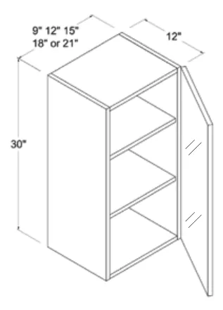 Matt Black 30"H Wall Cabinet Single Glass Door — dimension diagram with sizes
