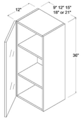 Matt Black 36"H Wall Cabinet Single Glass Door — dimension diagram with sizes