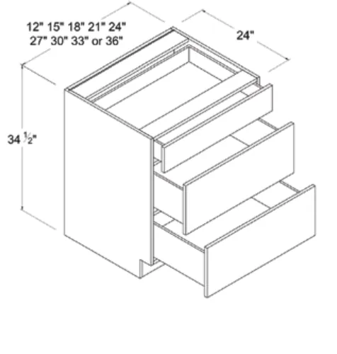 Matt Black Three Drawer Base Cabinet — dimension diagram with sizes