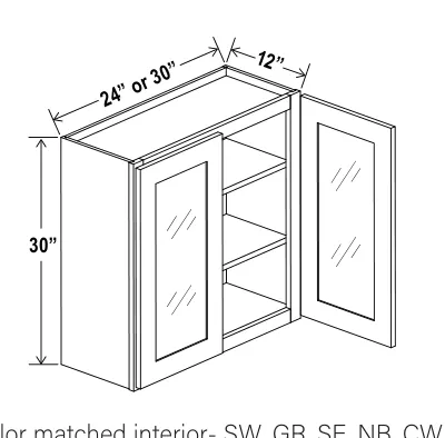 Navy Blue 30"H Wall Cabinet Double Glass Doors — dimension diagram with sizes
