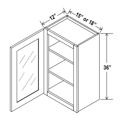 Navy Blue 36"H Wall Cabinet Single Glass Door — dimension diagram with sizes
