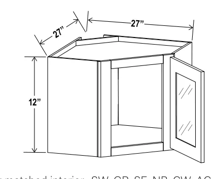 Navy Blue 27"W Diagonal Corner Wall Single Glass Door — dimension diagram with sizes