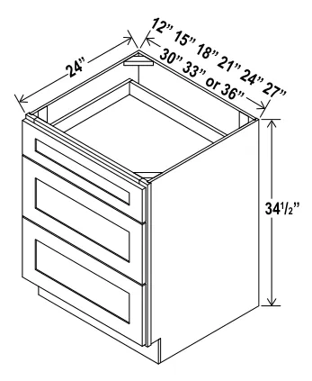 Navy Blue Three Drawer Base — dimension diagram with sizes