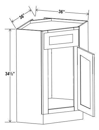 Navy Blue Corner Sink Base Cabinet — dimension diagram with sizes