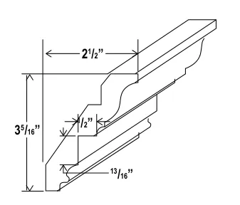 Navy Blue Inset Crown Moulding — dimension diagram with sizes