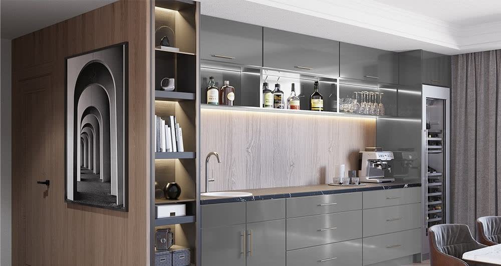 High Glossy Gray kitchen cabinets shown in a finished kitchen — high-gloss gray doors