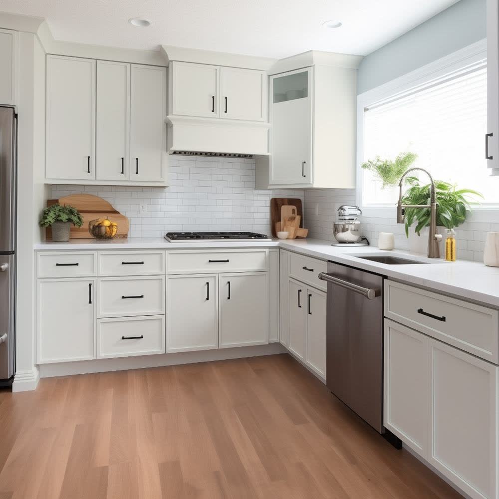 Slim Dove White kitchen cabinets shown in a finished kitchen — dove white slim shaker doors