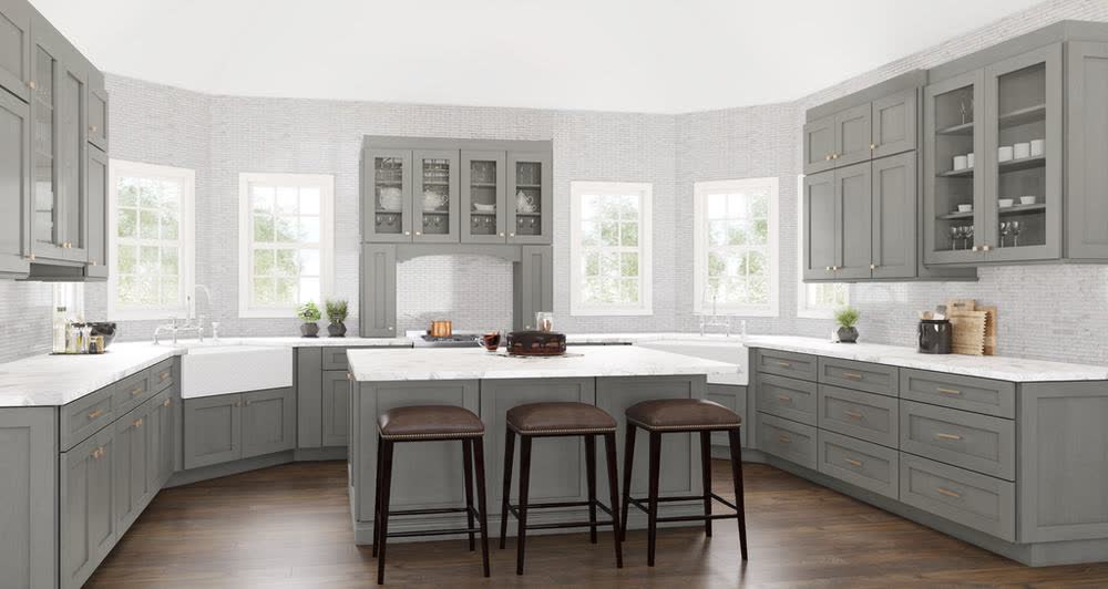 Smokey Ash kitchen cabinets shown in a finished kitchen — smokey ash shaker doors
