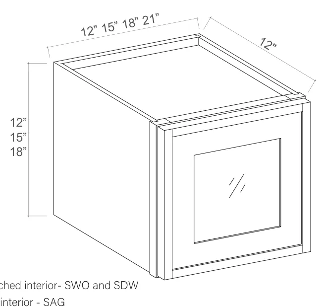 Slim Amber Oak Wall Cabinet Single Glass Door — dimension diagram with sizes