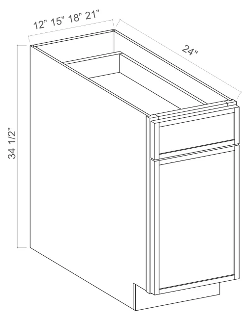 Slim Amber Oak Base Cabinet Single Door — dimension diagram with sizes
