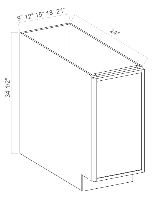 Slim Amber Oak Base Cabinet Full High Single Door — dimension diagram with sizes