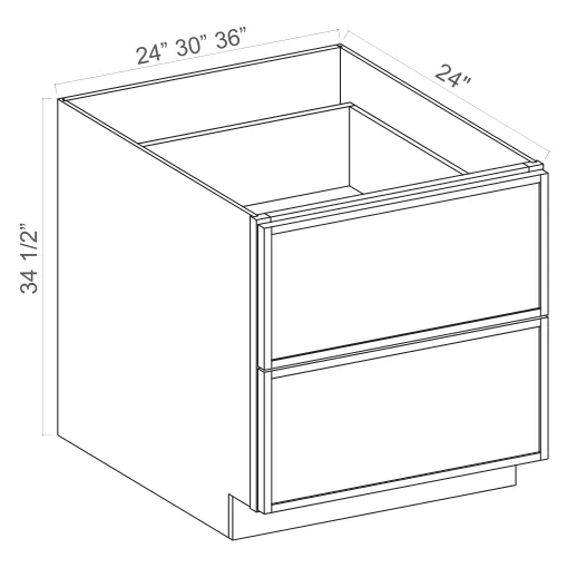 Slim Amber Oak Base Cabinet 2 Drawers — dimension diagram with sizes