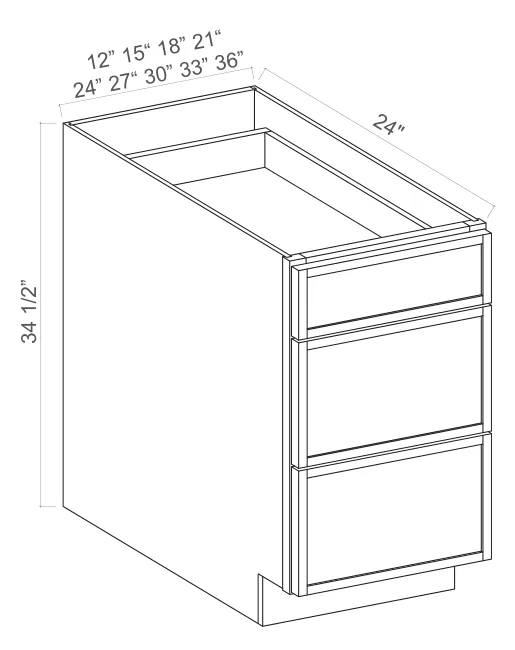 Slim Amber Oak Base Cabinet 3 Drawers — dimension diagram with sizes