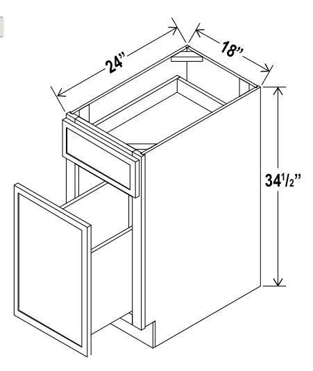 Slim Amber Oak Base Waste Basket Cabinet — dimension diagram with sizes