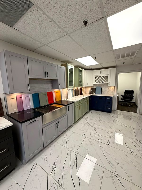 Five styles of kitchen cabinet doors on display at a San Antonio cabinet showroom