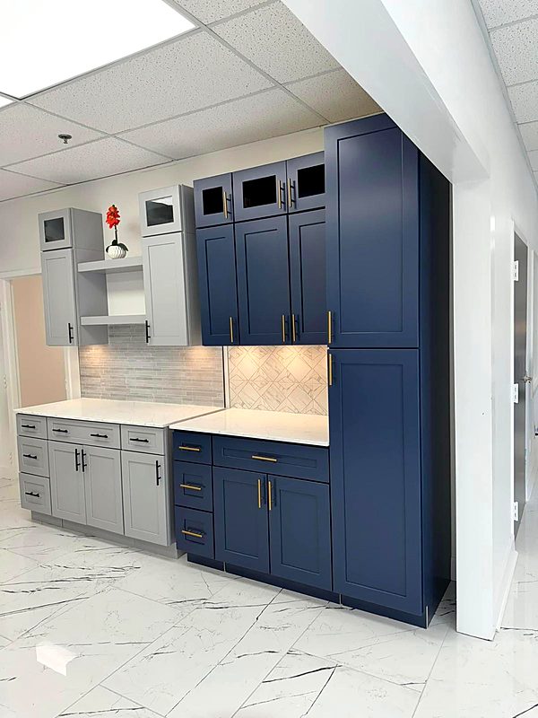 Navy blue shaker kitchen with floor-to-ceiling cabinets