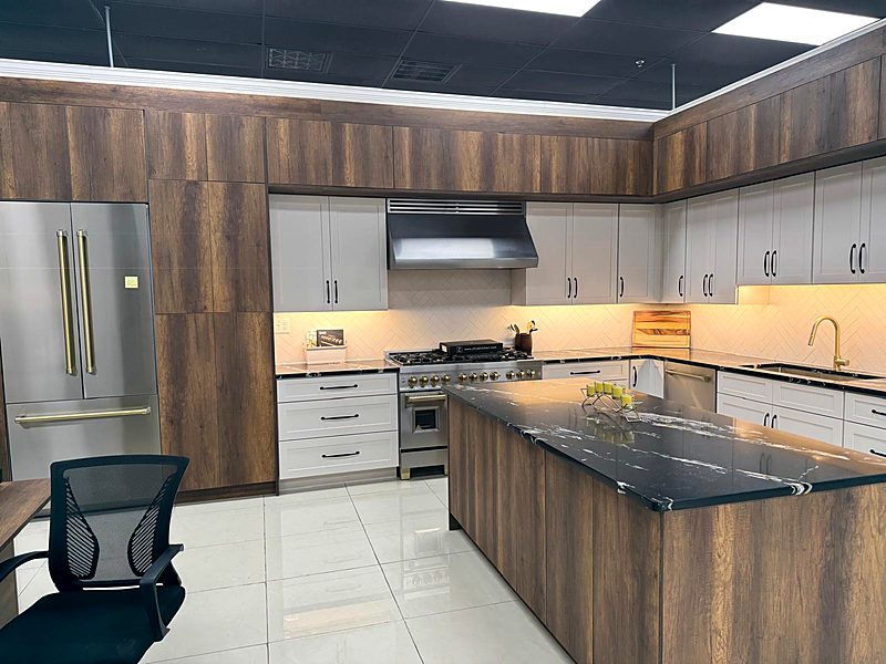 Walnut and white modern kitchen with a waterfall island and pro range