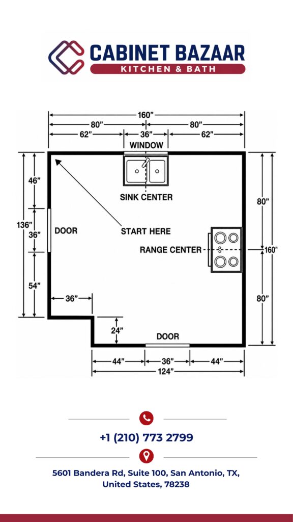 Example kitchen floor plan showing how to label wall lengths, door and window widths, and sink and range center points in inches